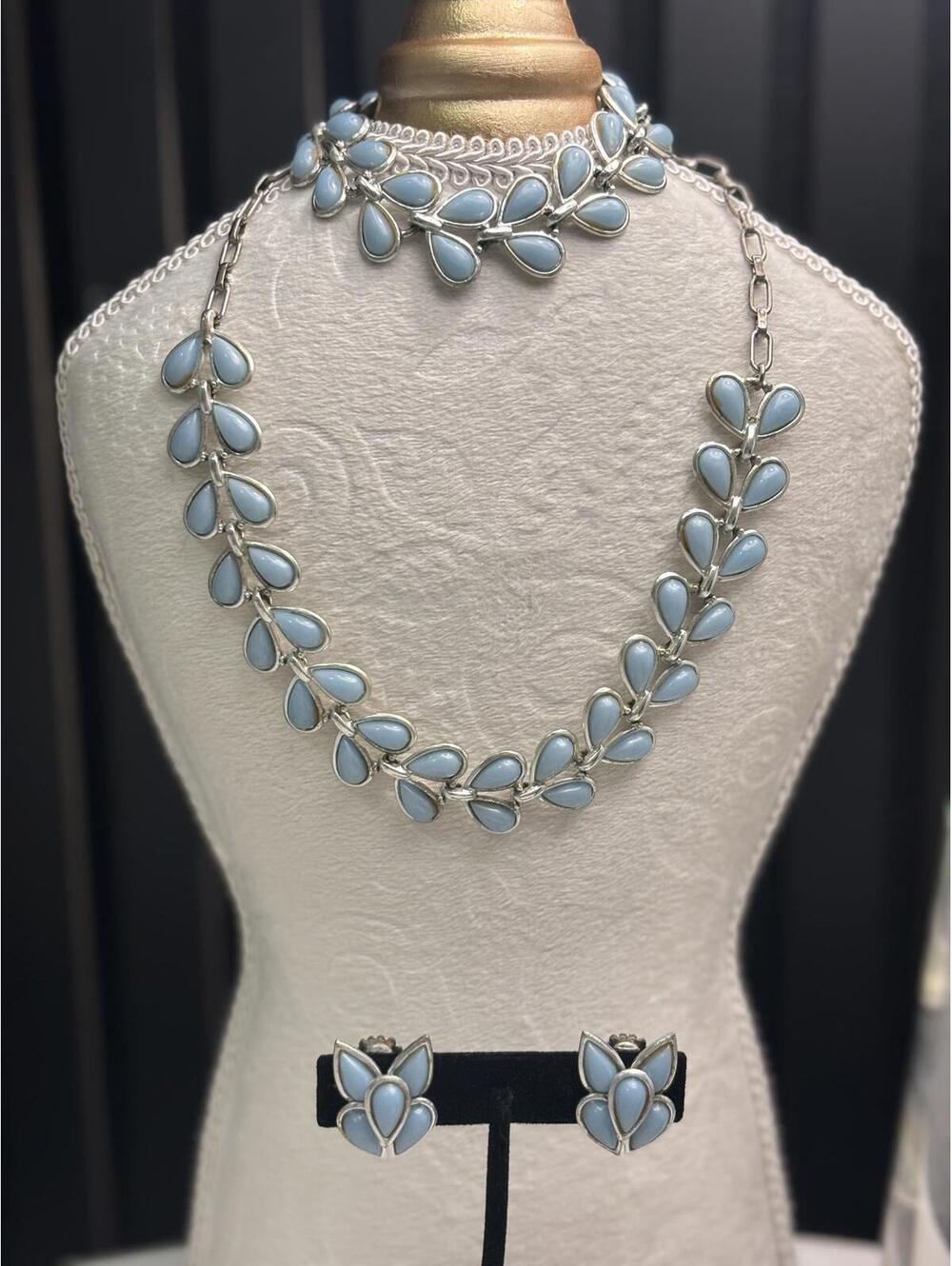Blue Teardrop Stone Necklace, bracelet and Clip-On Earrings Set
